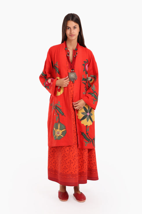 Fully embroidered short coat in cotton slub with pockets